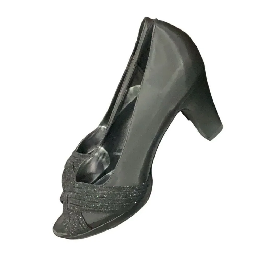 Easy Street Alive 5 Black Satin Glitter Peep Toe Womens Pumps Party Size 9.5 NEW - Picture 2 of 8